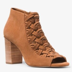 Michael Kors Westley Women's Leather Peep-Toe Woven Ankle Block Heel Zip-Up Boot
